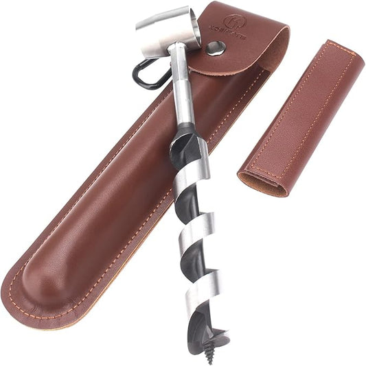 Kosibate Bushcraft Gear, Hand Auger Wrench for Easy Wood Drilling - Settlers Wrench and Bushcraft Tools Perfect for Camping and Woodworking Tasks-Scotch Eye Wood Drill with Leather Case Brown.