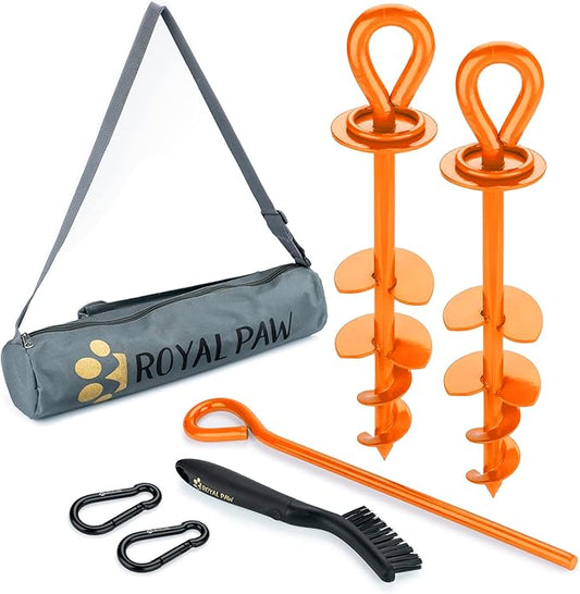 Dog Tie Out Stake - Heavy Duty Dog Stake for Large Dogs up to 210 lbs, Dog Stakes for Outside, Dog Anchor, and Dog Gadget | Use Any Dog Tie Out Cable or Dog Yard Leash (O2-Orange (2-Pack))