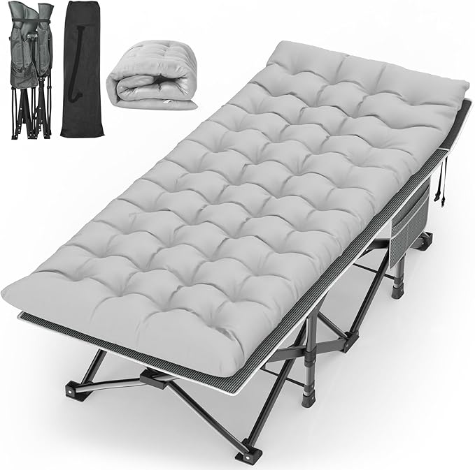Suteck Camping Cot, 32In XXL Folding Camping Cot Heavy Duty Sleeping Bed for Adults 1200D Double Layer Oxford Cots for Camping W/Pilllow Mattress Carry Bag for Home Office Nap Beach Travel, 500LBS