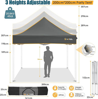 Hoteel 6.6 x 6.6 Pop up Canopy,Easy Up Heavy Duty Canopy with 4 Sidewalls,Upgrade Hexagonal Tube UPF50+ 1500mm Waterproof,Outdoor Canopy Tent with Carry Bag for Commercial Events,Beach,Camping,Grey