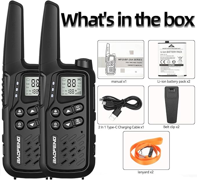 Walkie Talkies, Walkie Talkies for Adults Long Range MP25 Family Walkie Talkie with NOAA Weather Alerts Flashlight and Type-C Charging Cable for Camping Gear Hiking Trip(Black,Include Battery)