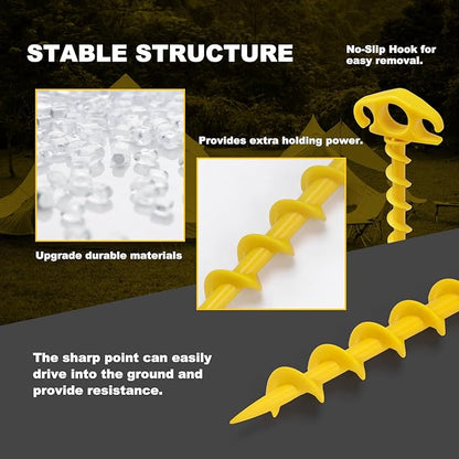 Tent Stakes Sand Stakes for Beach Tent 10 Pack Spiral Anchor Stakes 9.4 Inch Heavy Duty Screw Canopy Stakes for Camping, Hiking and More (10, Yellow)