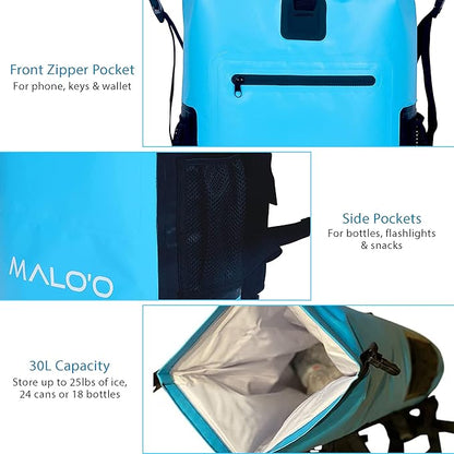 Malo'o Backpack Cooler Bag Holds 24 cans or 18 Bottles and ice - Roll-Top Soft Cooler for Kayaking, Camping, Beach, Fishing, Hiking Daypack & Travel Gear - Closed-Cell Insulation Cooler Backpack