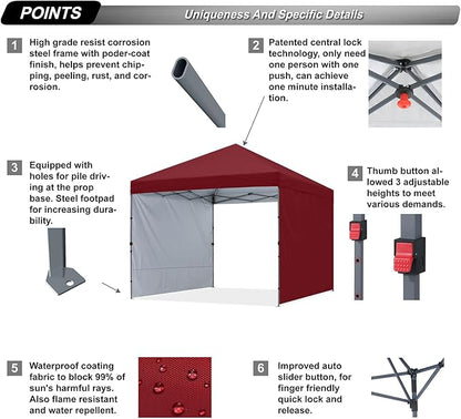 ABCCANOPY Pop up Canopy Tent with 2 Sidewalls for Outdoor Sun Blocking or Rain Protection,10x10, Burgundy