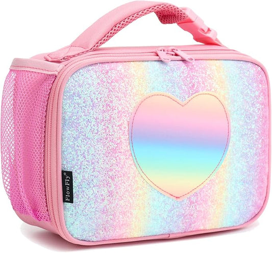 FlowFly Kids Lunch box Insulated Soft Bag Mini Cooler Back to School Thermal Meal Tote Kit for Girls, Boys, Glitter-RainBow