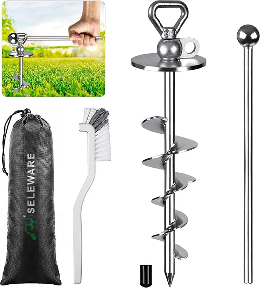 SELEWARE Dog Tie Out Stake Outdoor Anti-Rust Ground Anchor for Large Dogs up to 220 lbs, Free Swivel Dog Stake Dog Camping Gear Twist Rod Included Silver