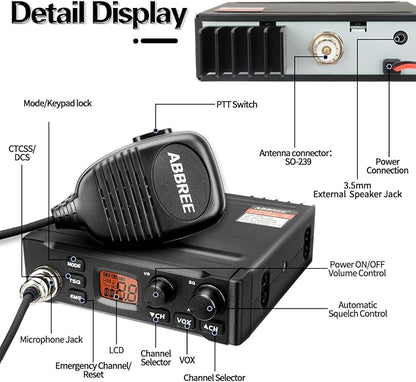 ABBREE CB Radio with Magnetic Mount Antenna for Truckers Long Range AM FM Professional CB Radios,Compact Design,Instant Emergency Channel 9/19,Full 40 Channels,Handheld Mic,LCD Display,VOX