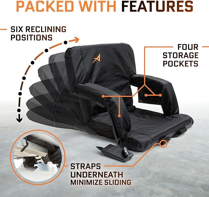 Aceletiqs Double Heated Stadium Bleacher Seat, 20-Inch Wide, Foam, Foldable, Cup Holders, Arm Rest, Reclining, Adjustable Backrest