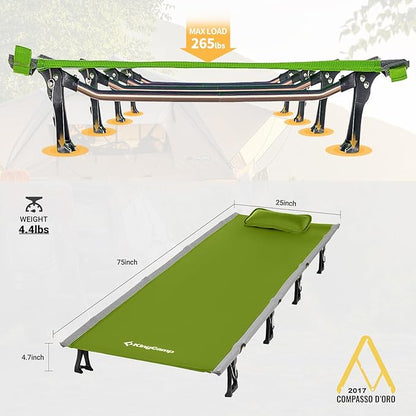KingCamp Camping Cot, Folding Portable Heavy Duty Ultralight Cots for Adults Camping Tent Hiking Backpacking Mountaineering Travel Indoor Outdoor Indoor Base Camp with Pillow, Support 265 Lbs