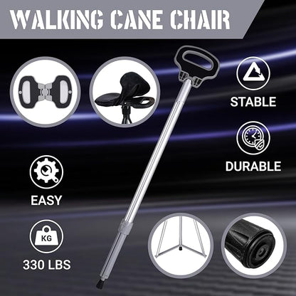 Walking Stick With Seat - Adjustable Portable Cane, Foldable Stool With 2 Bases, Pocket Storage Bag and Removable Cushion - Aluminum Lightweight Mobility Aid Crutch