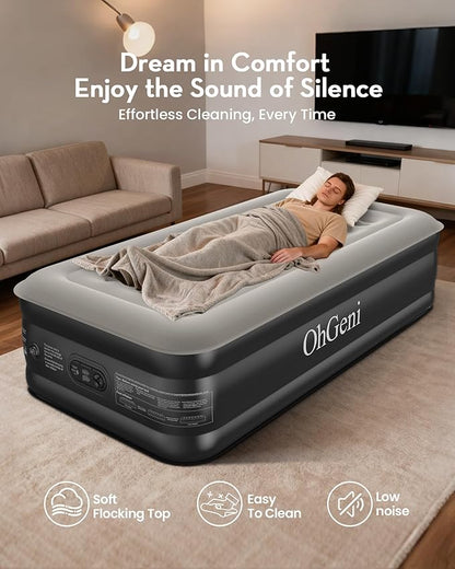 OhGeni Twin Air Mattress with Built in Pump, Blow up Mattresses, 18" Raised Blow Up Colchones Inflables Airbed for Guests & Home, Ideal for Home Use and Outdoor Camping