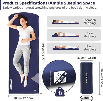 INVOKER 3.15" Camping Sleeping pad, Ultra-Thick Elasticity Foam Fast Self-Inflating 4-Season Insulated Durable Camping Mat Air Mattress with Pillow, for Tent, Car, Camping, Traveling, Blue