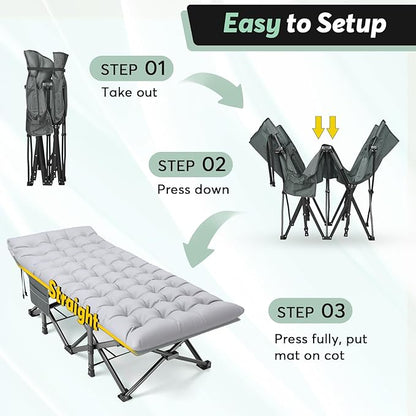 Slendor Oversized XXL Camping Cot, Folding Cot for Adults, 79" L x 32" W x 19" H Sleeping Cot with Mattress, Carry Bag, Camp Cot Bed for Travel, Guest, Support 500lbs, Stripe Grey Cot+ Grey Pad