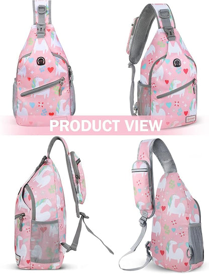 ZOMAKE Sling Bag for Women Men, Small Crossbody Sling Backpack, Mini Water Resistant Shoulder Daypack for Travel, Anti Thief Chest Bag for Hiking, Sports(Unicorn Pink)