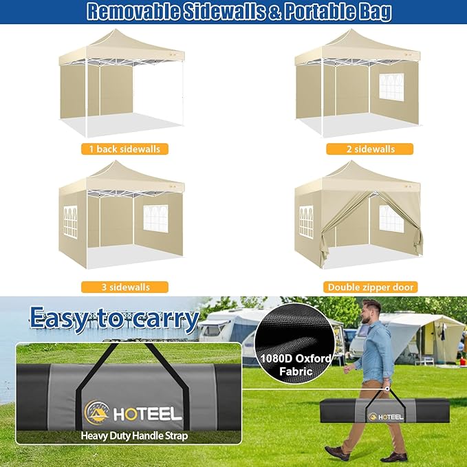 HOTEEL 10x10 Pop up Canopy Tent for Parties, Heavy Duty Easy Setup Tent with 4 Sidewalls, Outdoor Commercial Instant Gazebo for Wedding Event, with Portable Bag & Sand Bags, Khaki(Hexagonal Frame)