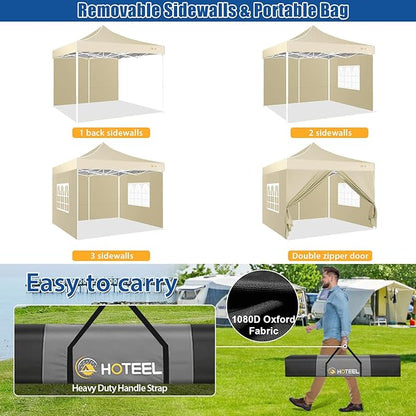 HOTEEL 10x10 Pop up Canopy Tent for Parties, Heavy Duty Easy Setup Tent with 4 Sidewalls, Outdoor Commercial Instant Gazebo for Wedding Event, with Portable Bag & Sand Bags, Khaki(Hexagonal Frame)