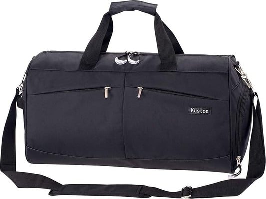 Kuston Sports Gym Bag with Shoes Compartment &Wet Pocket Gym Duffel Bag Overnight Bag for Men and Women-Black