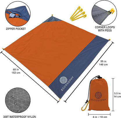 ECCOSOPHY Sand Proof & Waterproof Picnic Blanket - 60x55 Outdoor Compact Pocket Blanket, Lightweight Ground Cover for Hiking, Camping, Festivals, Sports, Travel with Bag & Stakes (Terracotta)