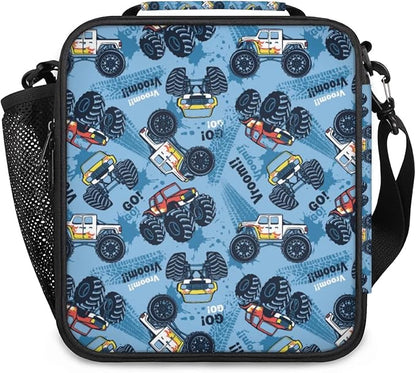 Blue Monster Truck Kid Lunch Bags with Shoulder Strap Insulated Lunch Boxes for Boy Girls Waterproof Thermal Cooler Tote Bag Portable Picnic Bag for School Work Outdoor Gifts