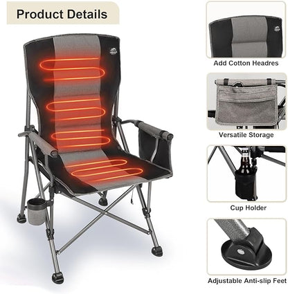 Heated Camping Chair w/Hard Armrest,3 Heat Levels Folding Outdoor Camp Chair w/Cup Holder,Heavy Duty Padded Portable Heating Lawn Chair Support 400 Lbs,Black,Battery NOT Included