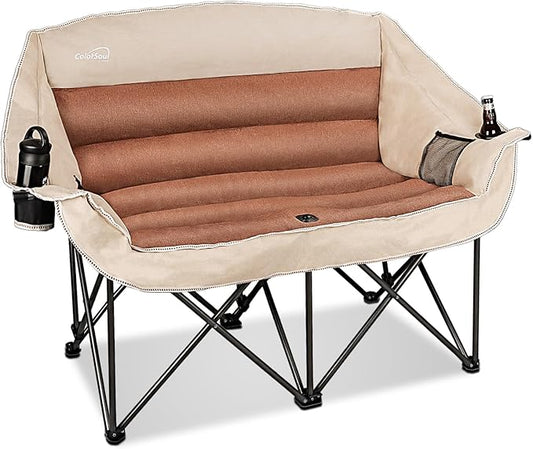 2 Person Fully Padded Camping Chair Oversized Loveseat Camping Chair Double Camping Chairs for Adults Heavy Duty Outdoor Camping Couch, Padded Seats & Armrests, 600Lbs, Moca