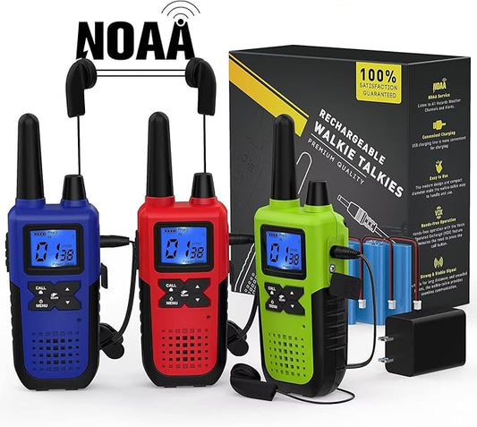 3 Walkie Talkies for Adults Long Range Walkie Talkies Rechargeable - Long Distance Walkie Talkies 3 Pack Family 2 Way Radios Walkie Talkies with Earpiece and Mic Set USB Charger Battery NOAA Alert