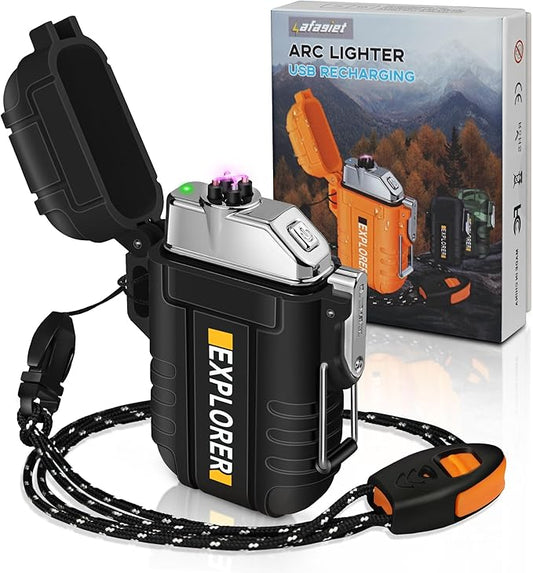 Lafagiet Waterproof Arc Lighter, Outdoor Dual Plasma Arc Lighter, USB Rechargeable Flameless Electric Lighters for Camping, Hiking, Survival Tactical (F13-Black)