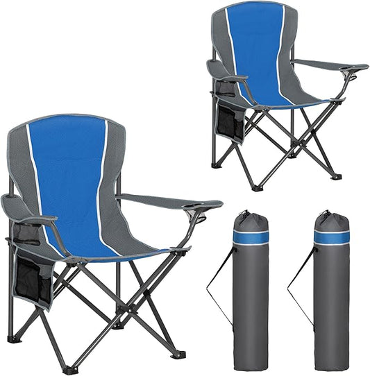 HIGH POINT SPORTS Portable Camping Chair, Heavy Duty Outdoor Folding Chair with Armrest, Foldable Camp Chair with Cup Holder for Camping, Support 350 LBS, Blue-Gray, 2 Pack