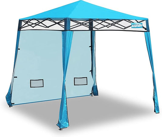 EzyFast Compact Pop Up Canopy Tent, Collapsible Instant Shelter, Portable Sports Cabana, With Built-in Weight Bags, 8 x 8 ft Base / 6 x 6 ft Top for Camping,Hiking,Fishing,Family Outings (Mosaic Blue)