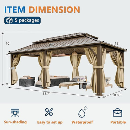 HOTEEL 12x20 Hardtop Gazebo with Metal Roof, Heavy Duty Galvanized Steel Gazebo, Reinforced Square Column, Flame-Resistant Curtains and Netting, Suitable for All-Weather,Brown(Pro)