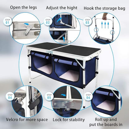 CampLand Outdoor Folding Table Aluminum Lightweight Height Adjustable with Storage Organizer for BBQ, Party, Camping