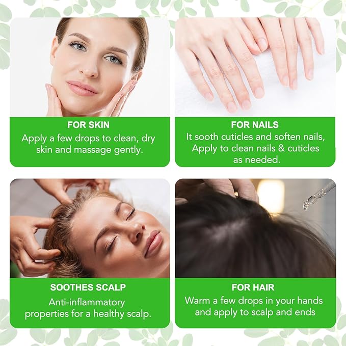 Premium Organic Moringa Oil Cold Pressed,Moringa Oil Unrefined for Hair & Skin Lightweight Face Oil, Natural Moisturizer in Glass Bottle 60ml