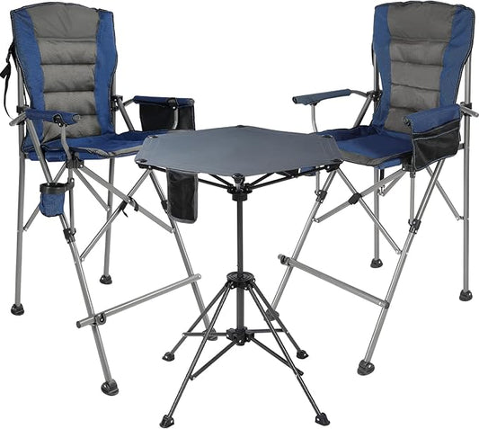 Extra Tall Folding Chairs 2 Pack & Adjustable Height Folding Table Set, Portable Outdoor Bar Table & Foldable Director Chairs with High Back and Storage Bag for Backyard,Beach,Travel