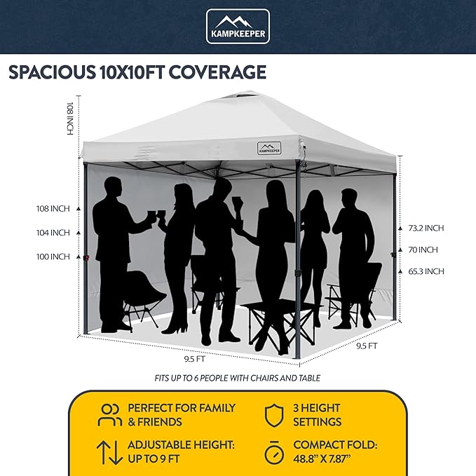 KAMPKEEPER 10x10 Pop Up Canopy Tent with 2 Sidewalls - Waterproof Outdoor Shelter for Sun Shade, Camping, Beach, Patio and Backyard Events, White