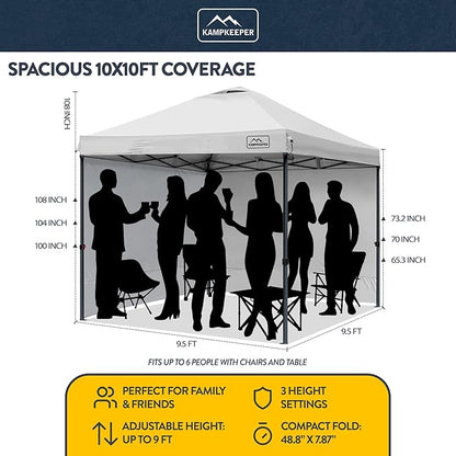 KAMPKEEPER 10x10 Pop Up Canopy Tent with 2 Sidewalls - Waterproof Outdoor Shelter for Sun Shade, Camping, Beach, Patio and Backyard Events, White