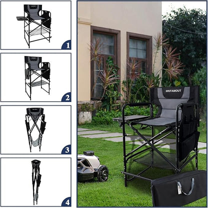Tall Folding Directors Chair with Side Table 26.77" Seat Height Foldable Camping Chair Bar Stool for Makeup Artist Face Painting with Footrest and Storage Pocket Supports 350LBS
