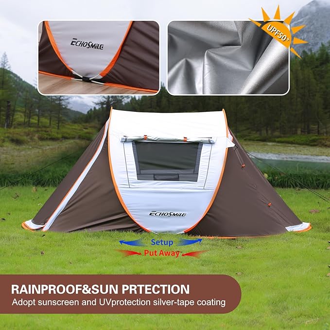 EchoSmile Instant Pop Up Camping Tent, 2/4/6 Person, Easy Setup Tent, Water Resistant Dome, Portable with Carry Bag