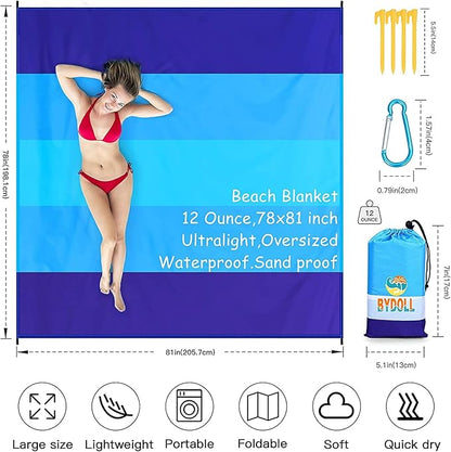 BYDOLL Beach Blanket 78''X81'' 4-7 Adults Oversized Lightweight Waterproof Sandproof Blanket for Beach Large Picnic Mat Travel Camping