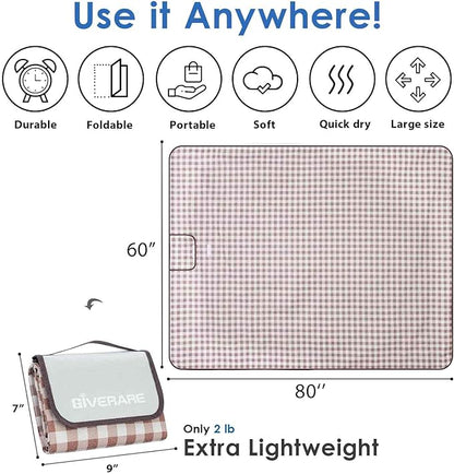 GIVERARE Picnic Beach Blanket Extra Large, XL Sandproof Waterproof Outdoor Camping Blankets 80x60in, Sand Free Oversized Mat, Quick Drying Portable Mats for Travel, Hiking, Music Festival, Lawn-Brown