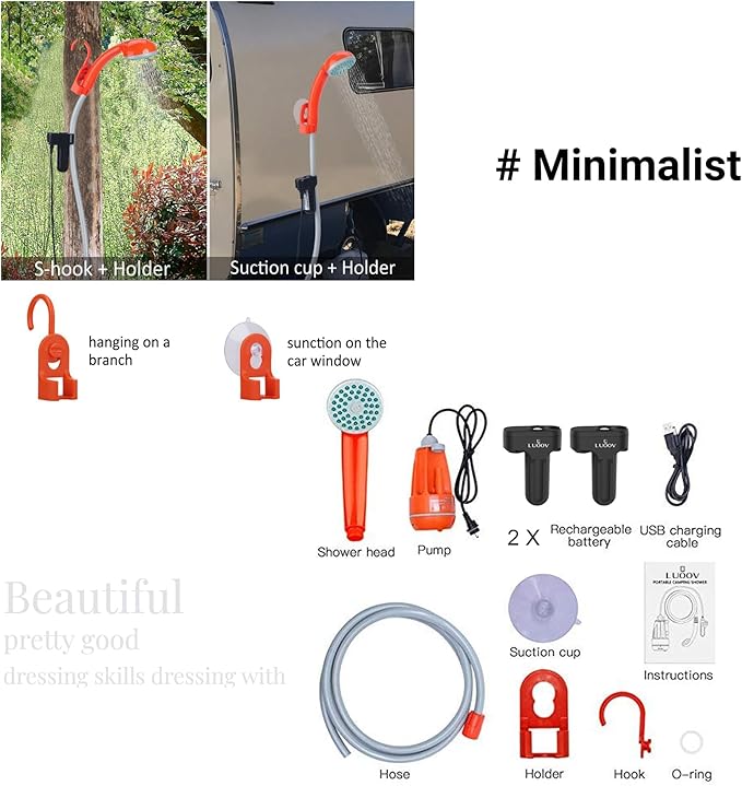 COSWE Portable Camping Shower, Outdoor Camp Pump with Rechargeable 4400mAH Battery and 130LM Led Lighting Device for Camping Hiking Outdoor Beach Garden
