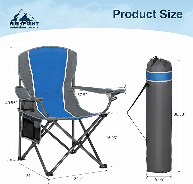 HIGH POINT SPORTS Portable Camping Chair, Heavy Duty Outdoor Folding Chair with Armrest, Foldable Camp Chair with Cup Holder for Camping, Support 350 LBS, Blue-Gray, 2 Pack
