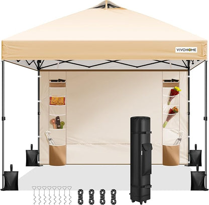 VIVOHOME 10x10ft Pop Up Canopy Tent with Sidewall and 6 Pockets, One Push Setup Outdoor Portable Shelter Tent Heavy Duty with Wheel Carry Bag and 4 Sandbags, Beige