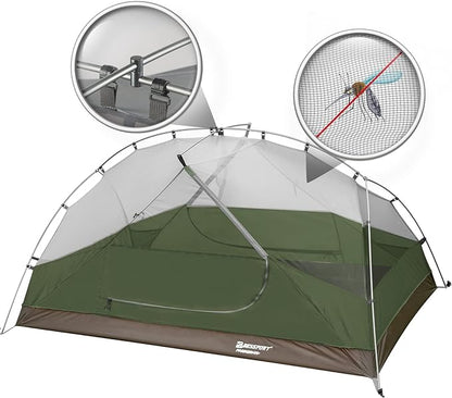 Bessport Camping Tent for 2-3 Person, Lightweight Backpacking Tent Waterproof Windproof Two Doors Easy Setup Double Layer Outdoor Tents for 3 to 4 Seasons, Suitable for Outdoor,Hiking,Camping