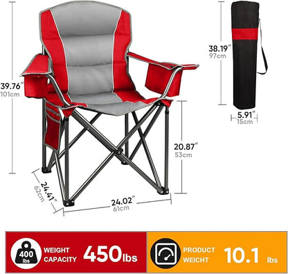 2 Pack Oversized Folding Camping Chairs for Adults, Heavy Duty Lawn Chairs with Cup Holder Storage and Cooler Bag, 450 LBS Weight Capacity, Padded Collapsible Chairs for Outdoor, Garden & Beach