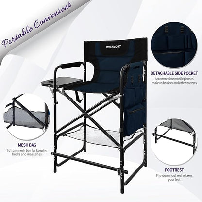 Tall Folding Directors Chair with Side Table 30.71" Seat Height Foldable Camping Chair Bar Stool for Makeup Artist Face Painting with Footrest and Storage Pocket Supports 350LBS
