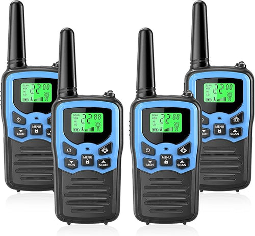 Walkie Talkies with 22 FRS Channels, MOICO Walkie Talkies for Adults with LED Flashlight VOX Scan LCD Display, Long Range Family Radios for Hiking Camping Trip (Blue, 4 Pack)