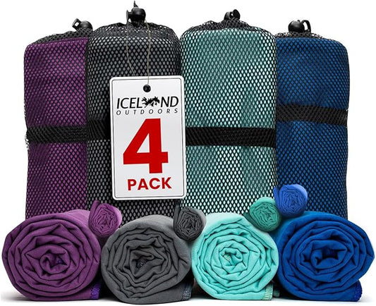 Quick Dry Towel For Travel Camping Beach Boat - 4 Pack Ultra Compact Yet Full Size Towels With All 4 Colors Plus 4 Hand Towels Fast Drying Lightweight For Swim Camp Sports RV Backpacking Hiking Gym