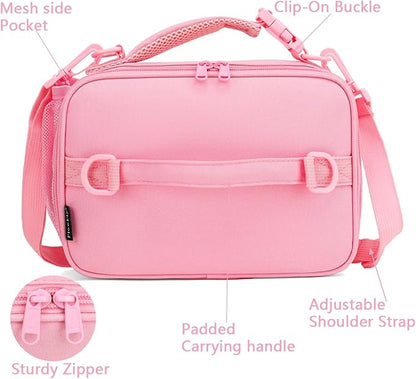 FlowFly Kids Lunch Bag, Durable Insulated School Lunch Box with Shoulder Strap and Bottle Holder, Water-resistant Thermal Small Lunch Cooler Tote for Teen Boys & Girls,Pink