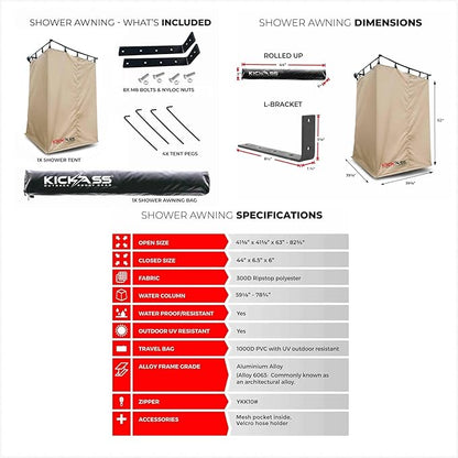 KickAss Instant Ensuite Camping Shower Tent Awning for Cars - Use on Jeep, Toyota, Great 4x4 Accessory Perfect for Camping, Off Roading, Boating, Fishing, Travel, RV's, Festivals, Road Trips