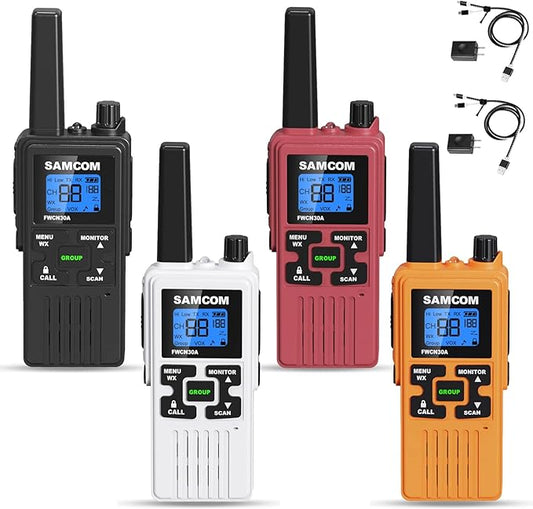 SAMCOM Walkie Talkies Long Range, 4 Pack FRS Two Way Radios for Adults Kids, 22 Channels 2 Way Radios Walky Talky with Earpiece and Mic Set, Group Call NOAA Alert 1250mAh USB Charge